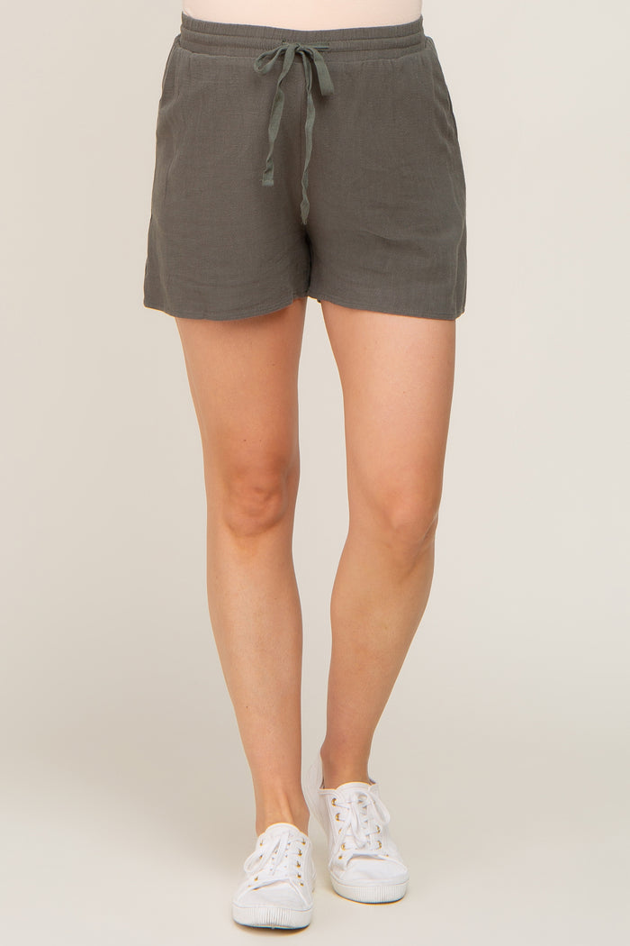 Olive Drawstring Linen Maternity Shorts