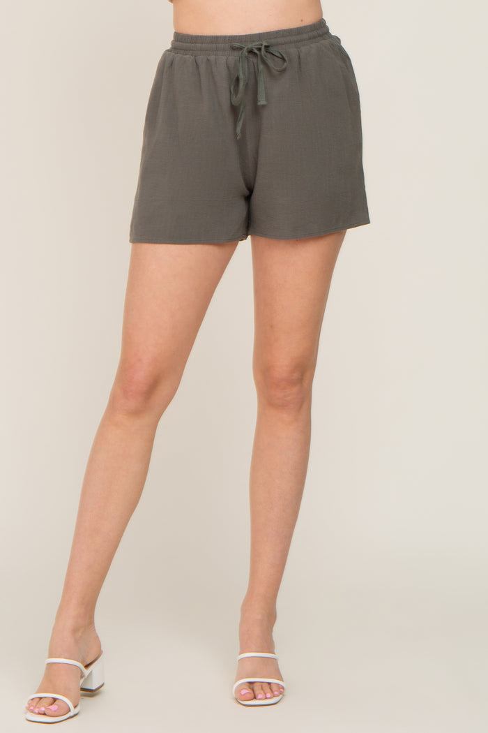 Olive Drawstring Linen Shorts