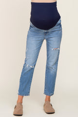 Blue Distressed Knee Maternity Straight Leg Jeans