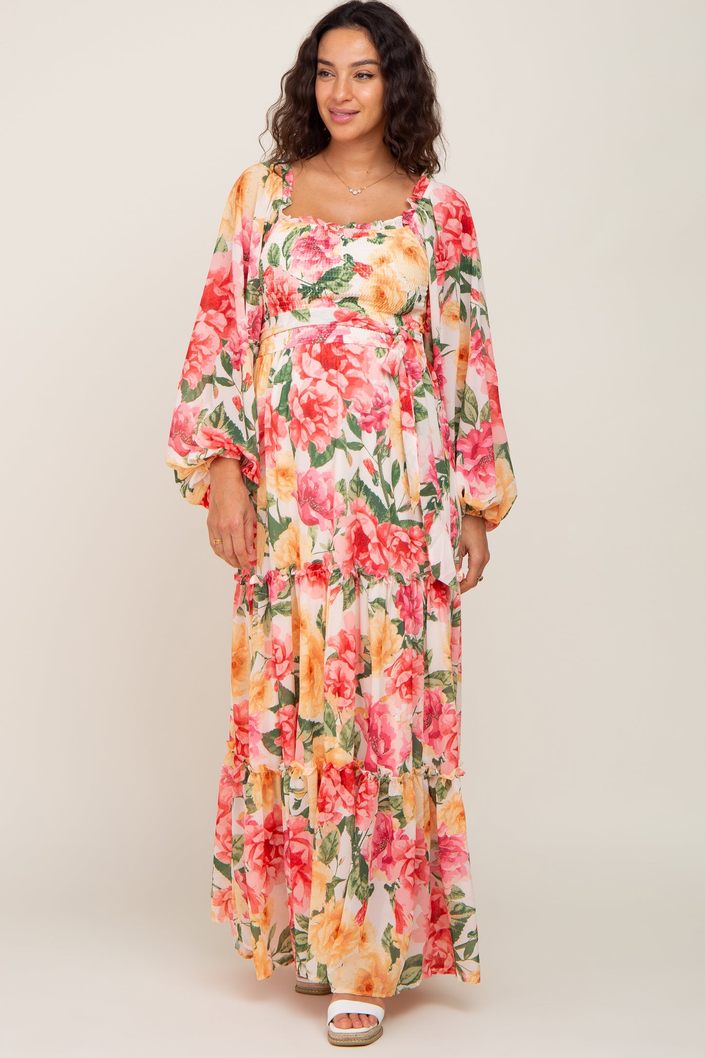Ivory Floral Chiffon Smocked Off Shoulder Maternity Maxi Dress