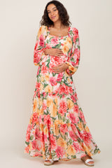 Ivory Floral Chiffon Smocked Off Shoulder Maternity Maxi Dress
