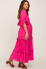 Fuchsia Button-Down Front Ruffle Tiered Maternity Maxi Dress