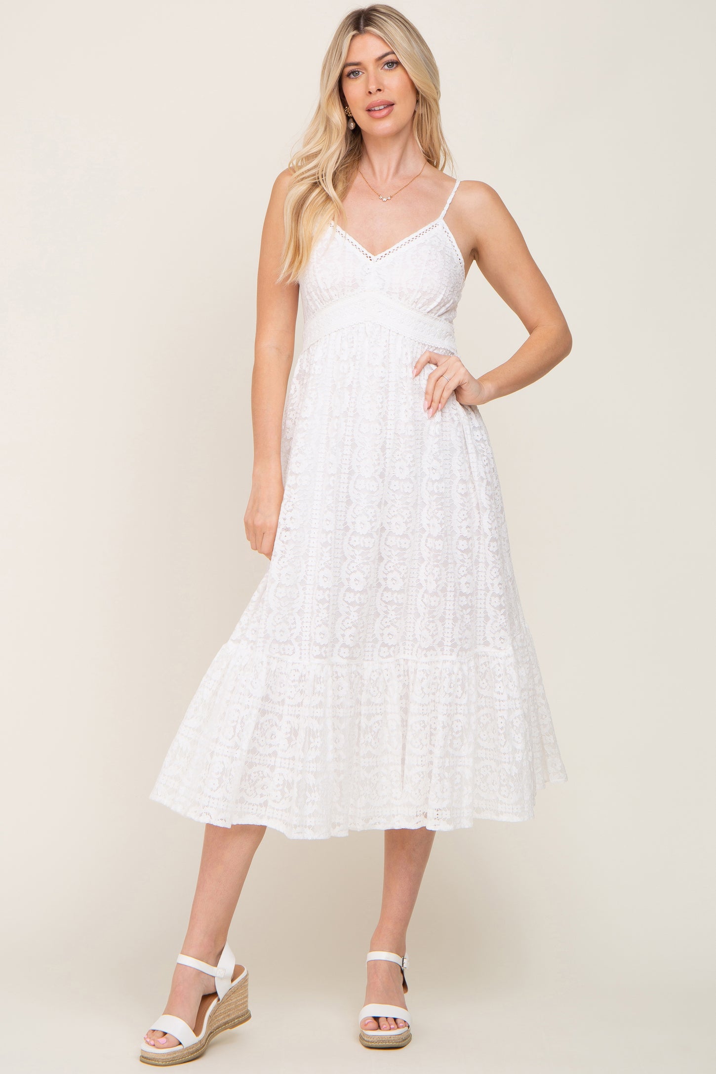 White Lace Crochet Maternity Midi Dress