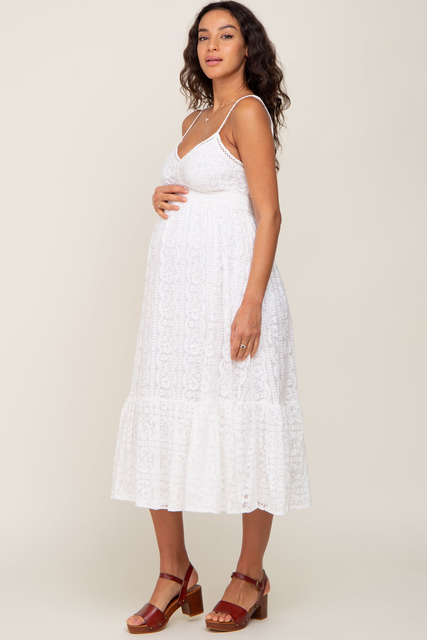 White Lace Crochet Maternity Midi Dress