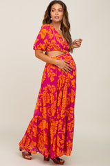 Fuchsia Tropical Floral Side Cutout Tiered Maternity Maxi Dress
