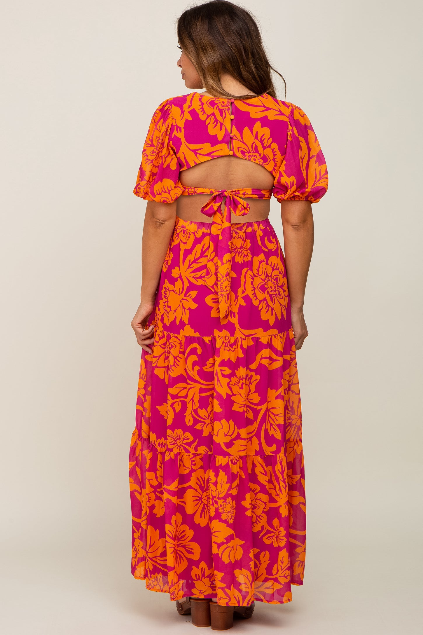 Fuchsia Tropical Floral Side Cutout Tiered Maternity Maxi Dress