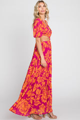 Fuchsia Tropical Floral Side Cutout Tiered Maxi Dress