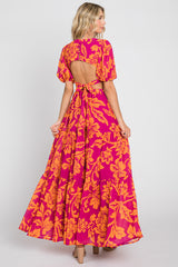 Fuchsia Tropical Floral Side Cutout Tiered Maxi Dress