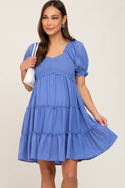 Blue Smocked Tiered Puff Sleeve Maternity Dress