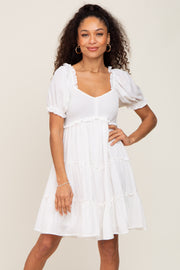 White Smocked Tiered Puff Sleeve Dress