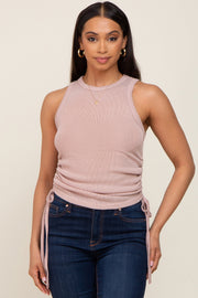 Light Pink Ruched Side Tie Knit Tank Top