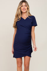 Navy Ruched Wrap Tulip Hem Fitted Maternity/Nursing Dress