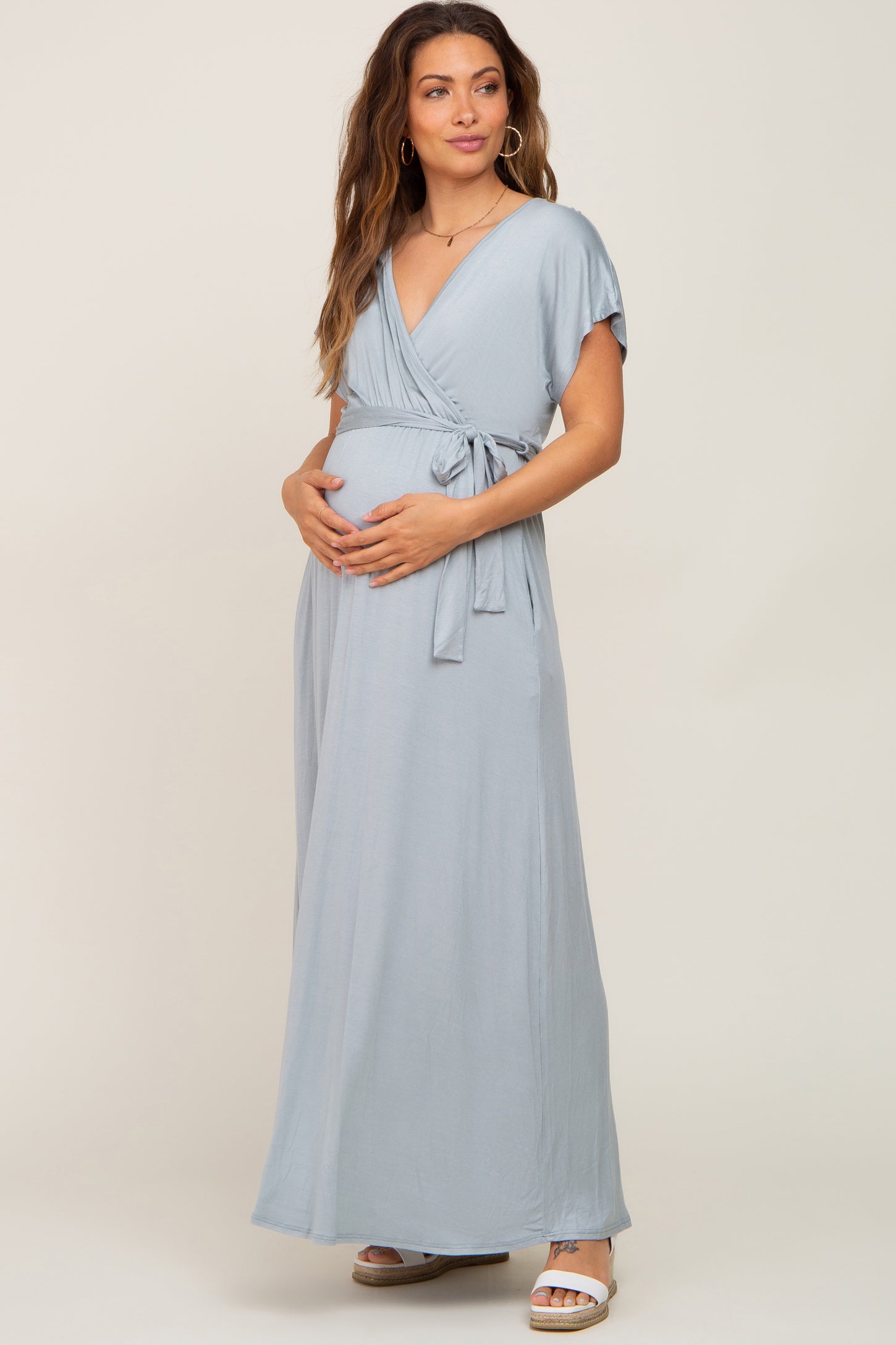 Dark Mint Basic Maternity Wrap Maxi Dress