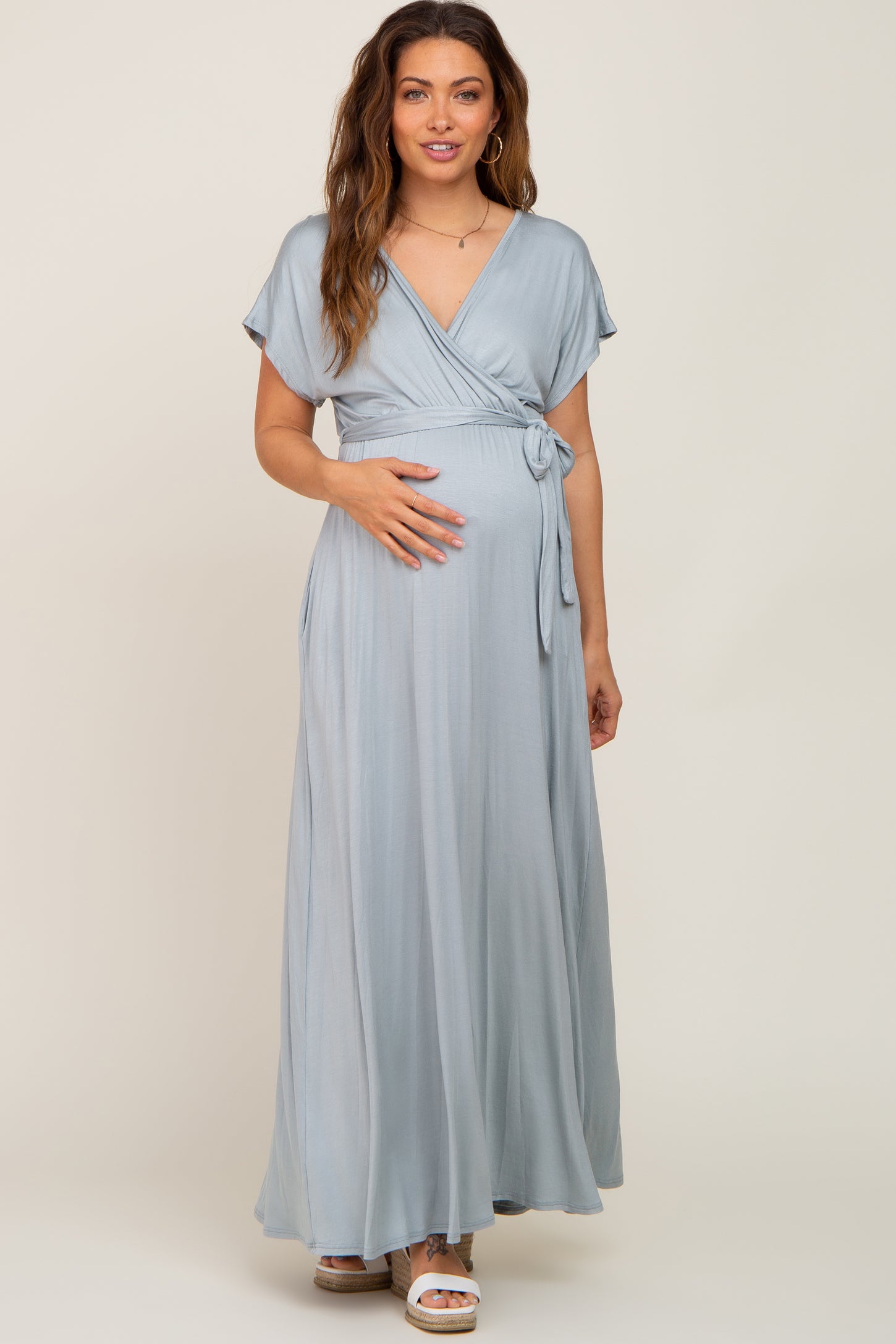 Dark Mint Basic Maternity Wrap Maxi Dress