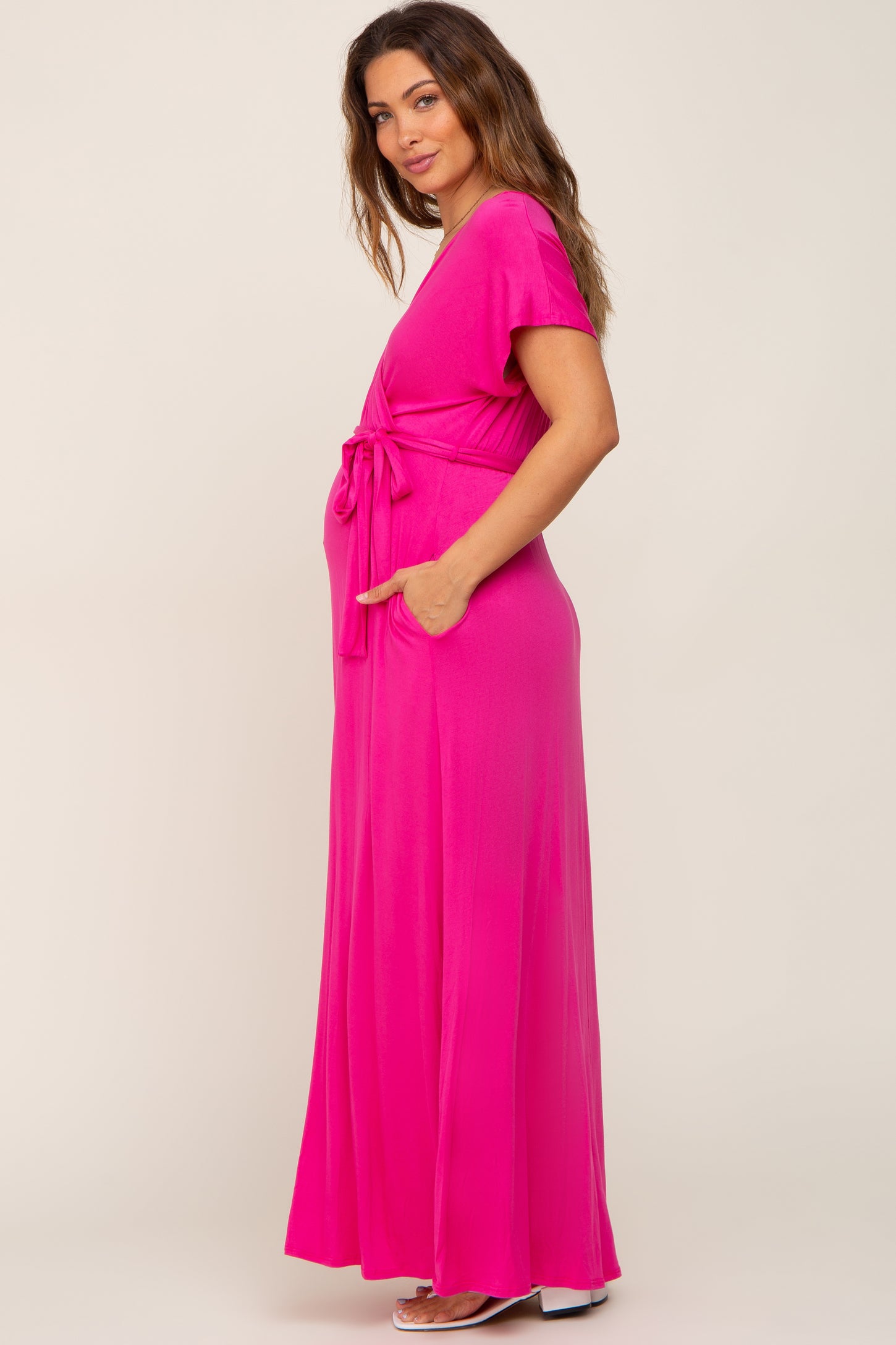 Fuchsia Basic Maternity Wrap Maxi Dress