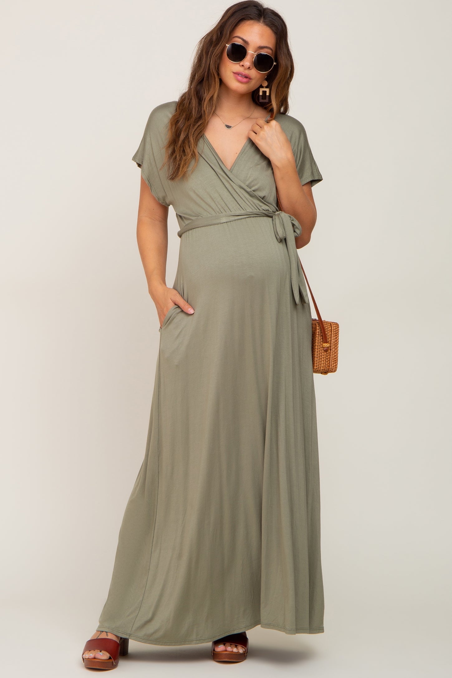 Light Olive Basic Maternity Wrap Maxi Dress