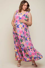 Pink Floral Ruffle Strap Maternity Plus Size Maxi Dress
