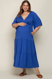Royal Blue Deep V-Neck Tiered Maternity Plus Maxi Dress