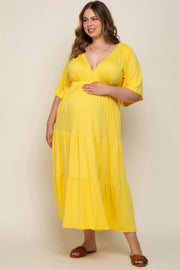 Yellow Deep V-Neck Tiered Maternity Plus Maxi Dress