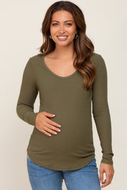 Olive Ribbed Scoop Neck Long Sleeve Maternity Top