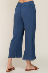 Navy Linen Frayed Hem Crop Pants