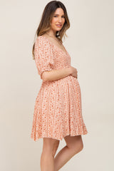 Peach Floral Puff Sleeve Smocked Maternity Mini Dress