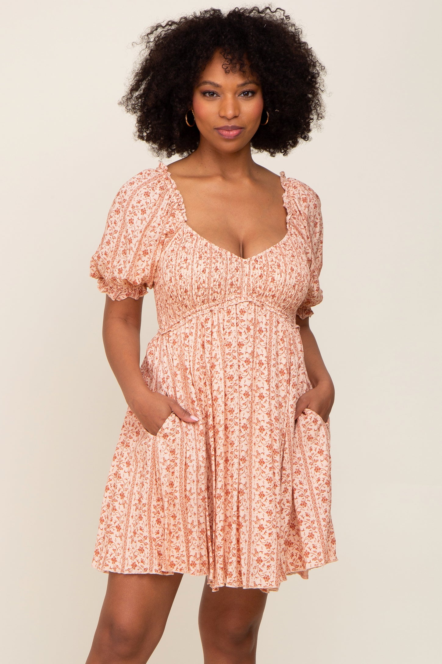 Peach Floral Puff Sleeve Smocked Maternity Mini Dress