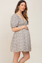 Cream Floral Puff Sleeve Smocked Maternity Mini Dress