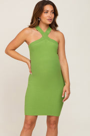 Green Ribbed Knit Halter Neck Maternity Fitted Dress
