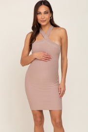 Mocha Ribbed Knit Halter Neck Maternity Fitted Dress