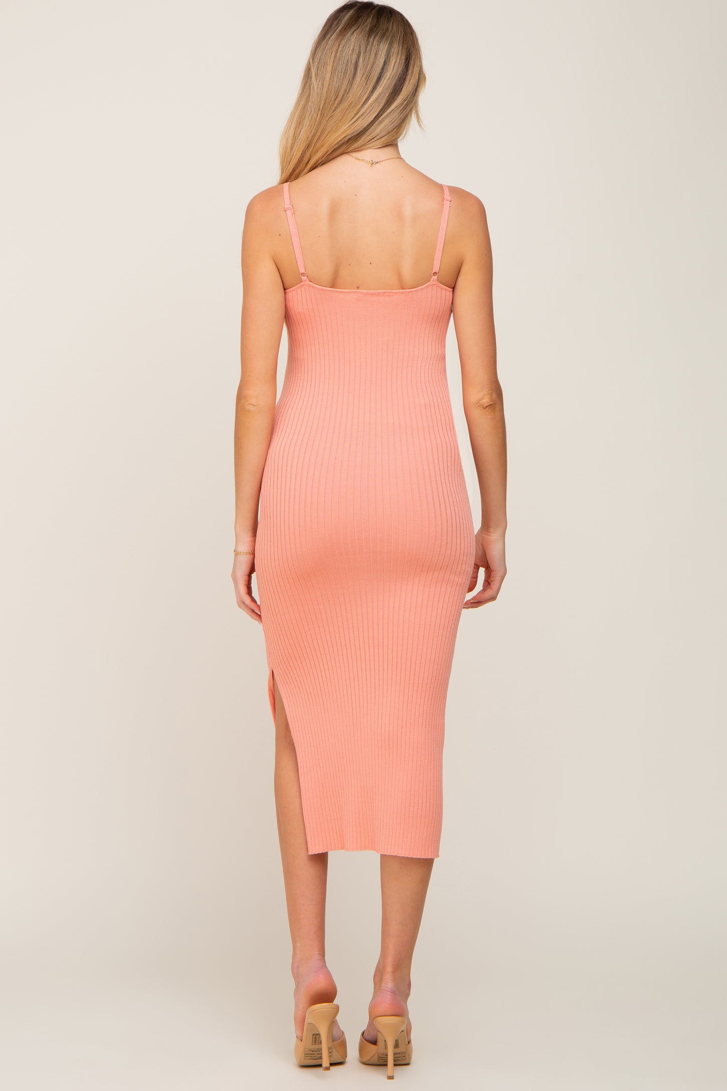 Peach Ribbed Knit Side Slit Maternity Midi Dress