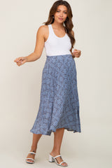 Blue Printed Pleated Maternity Midi Skirt