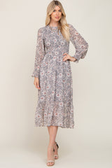 Grey Floral Smocked Long Sleeve Maxi Dress
