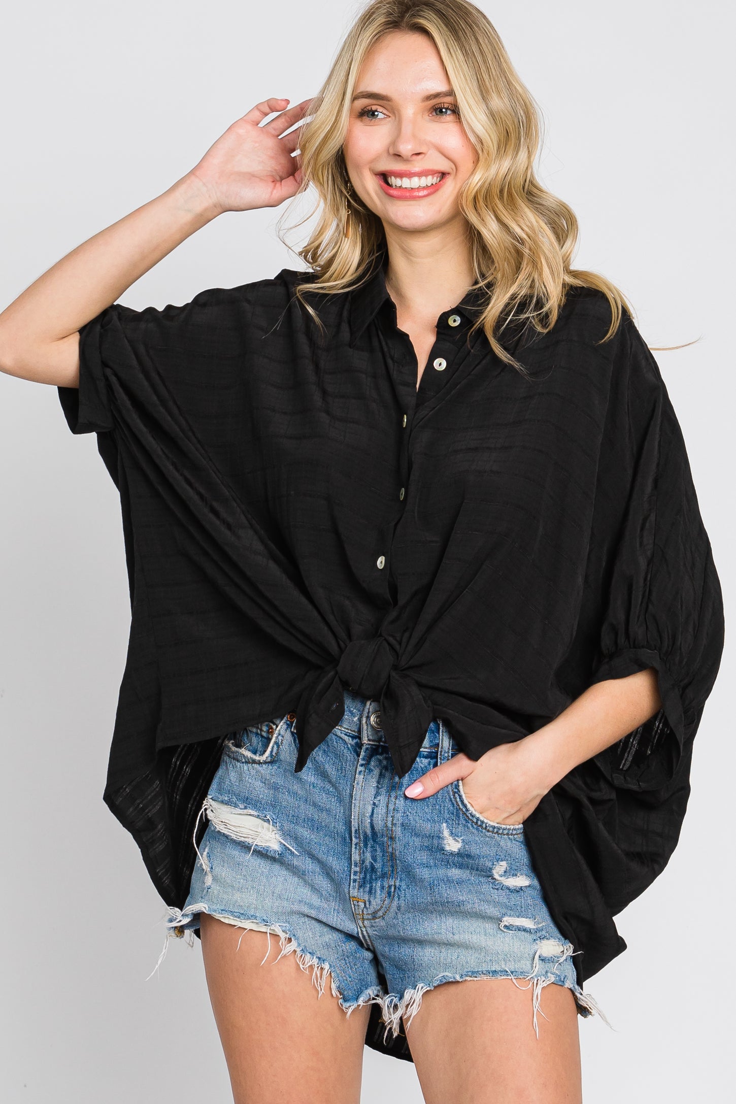 Black Button Down 3/4 Sleeve Maternity Top