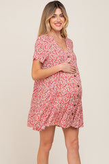 Red Floral Button Down Tiered Maternity Dress