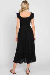 Black Smocked Ruched Ruffle Hem Maxi Dress