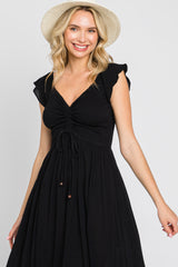 Black Smocked Ruched Ruffle Hem Maxi Dress