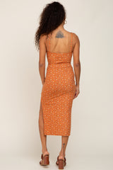 Rust Ribbed Floral Back Tie Midi Dress