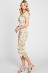 Yellow Floral Ribbed Ruched Off Shoulder Mid Dress