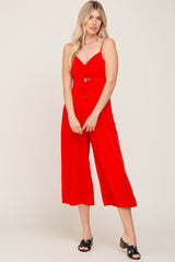 Red Sleeveless Ruched Drawstring Jumpsuit
