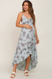 Light Blue Floral Lace Up Back Hi-Low Maternity Midi Dress