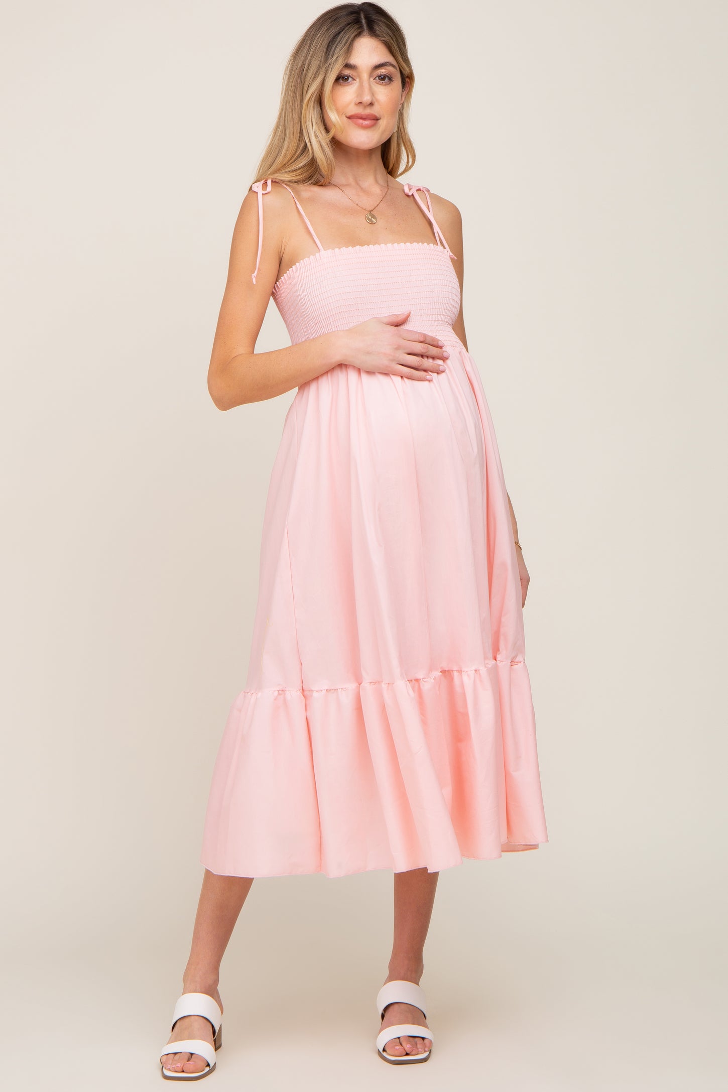 Pink Smocked Shoulder Tie Maternity Midi Dress