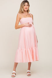Pink Smocked Shoulder Tie Maternity Midi Dress