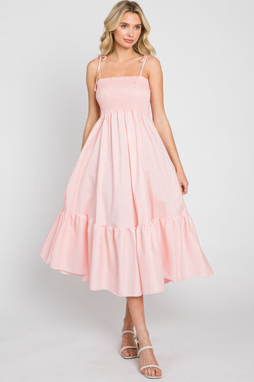Pink Smocked Shoulder Tie Midi Dress