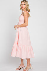 Pink Smocked Shoulder Tie Midi Dress