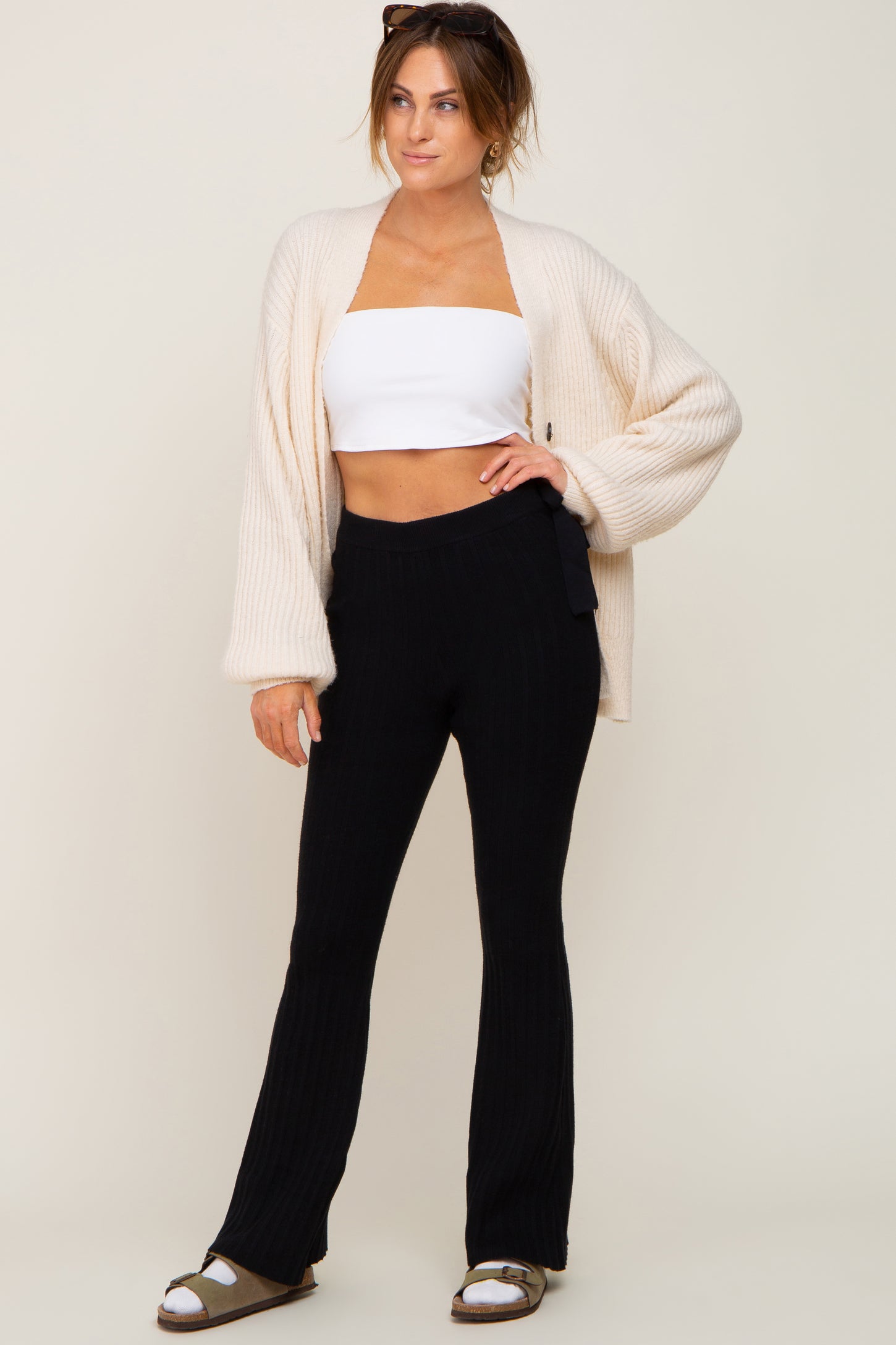 Black Side Tie Flare Knit Pants