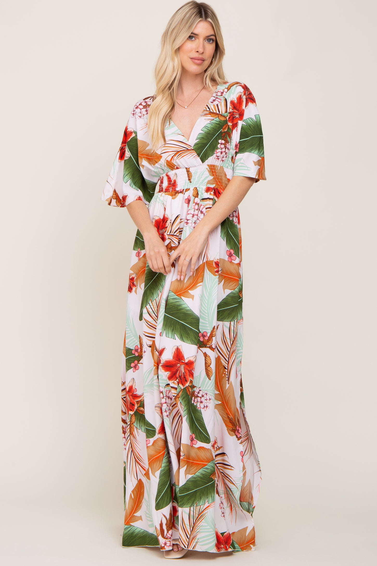 White Floral Smocked Waist Maxi Dress