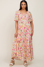 Ivory Floral Smocked Ruffle Tier Maxi Dress