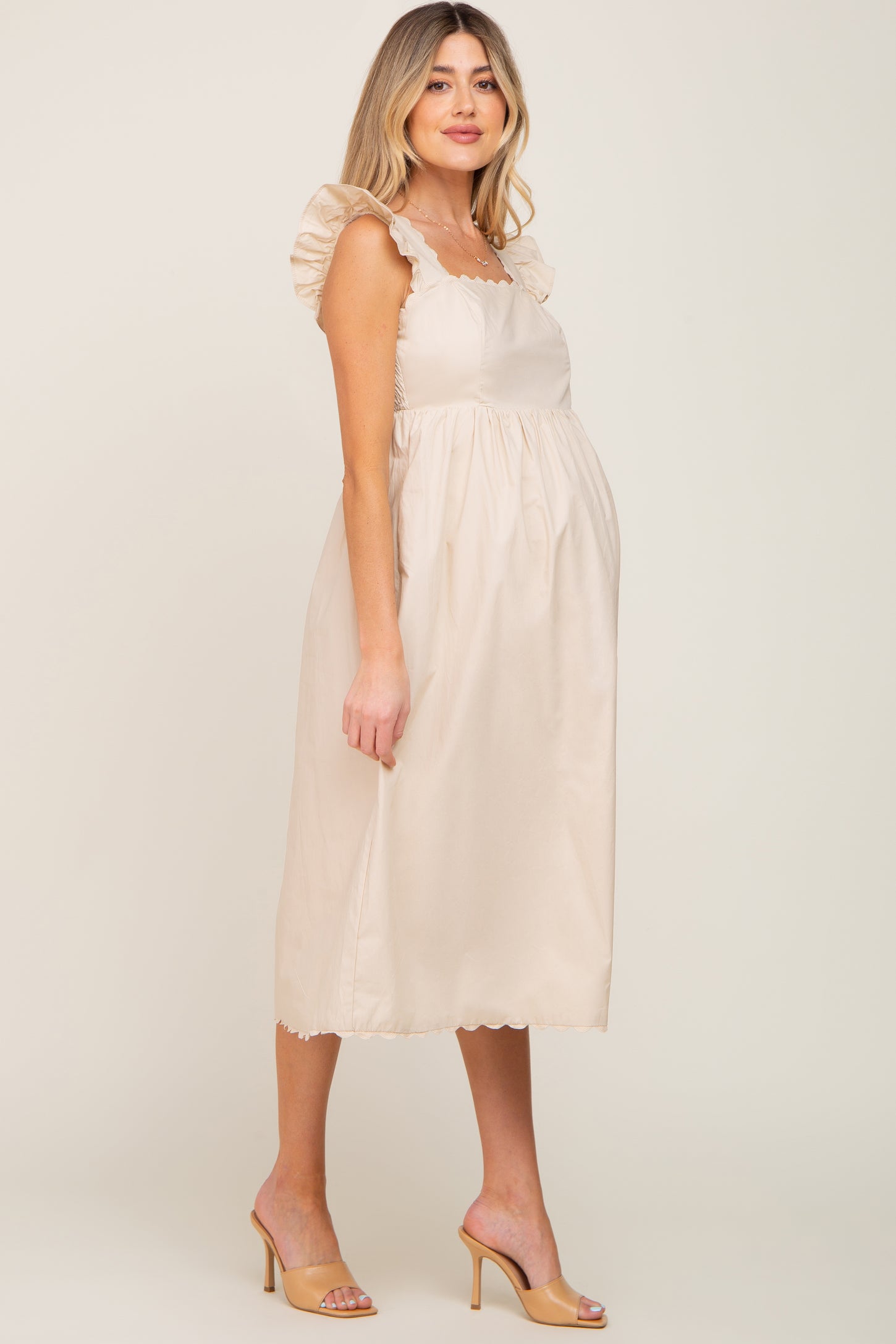 Beige Scallop Flutter Sleeve Maternity Midi Dress