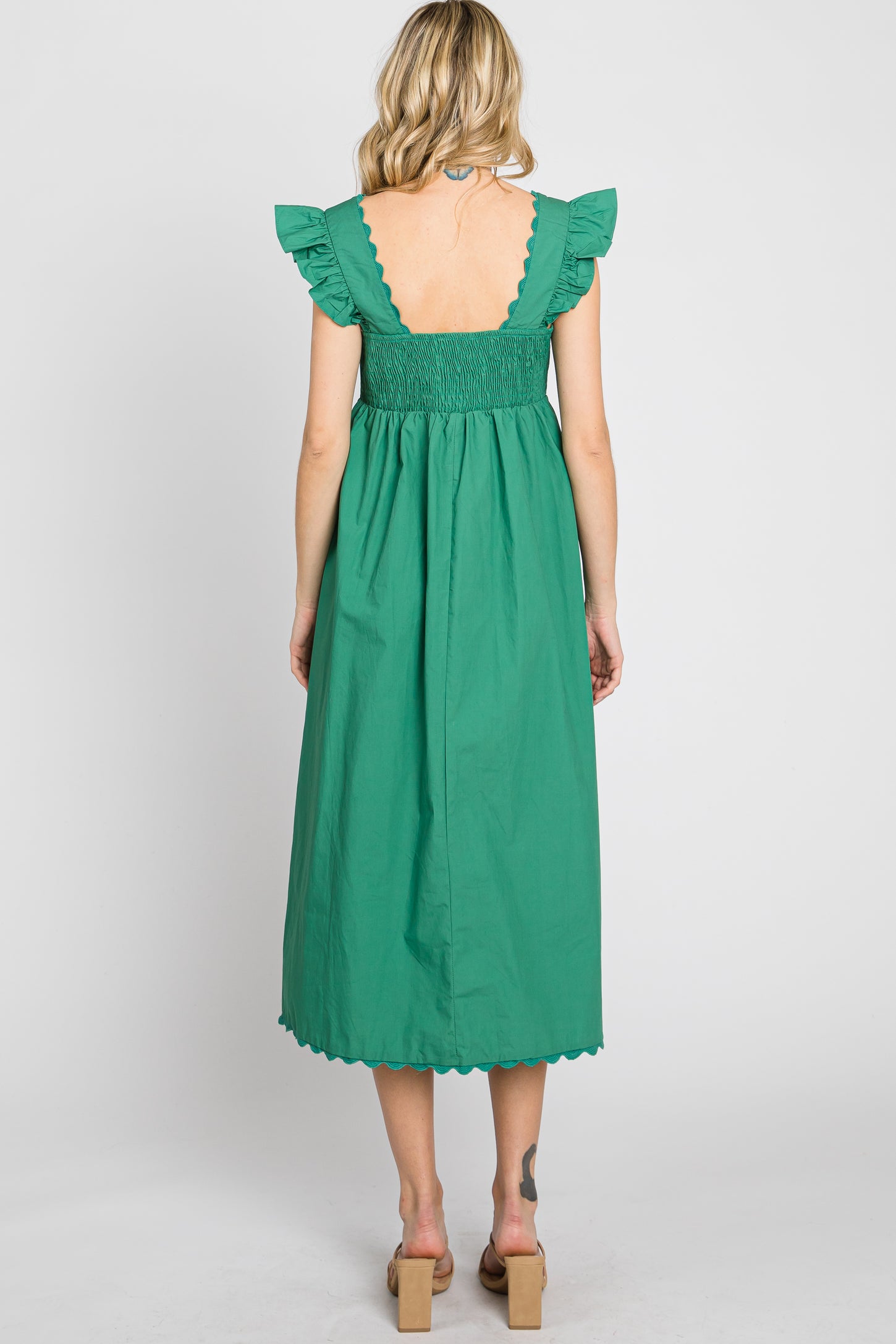 Emerald Green Scallop Flutter Sleeve Midi Dress